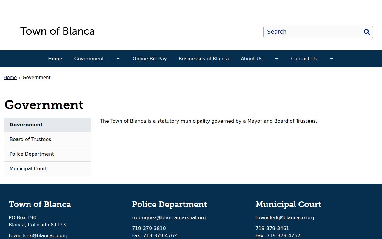 Official Blanca government page with police and municipal contacts