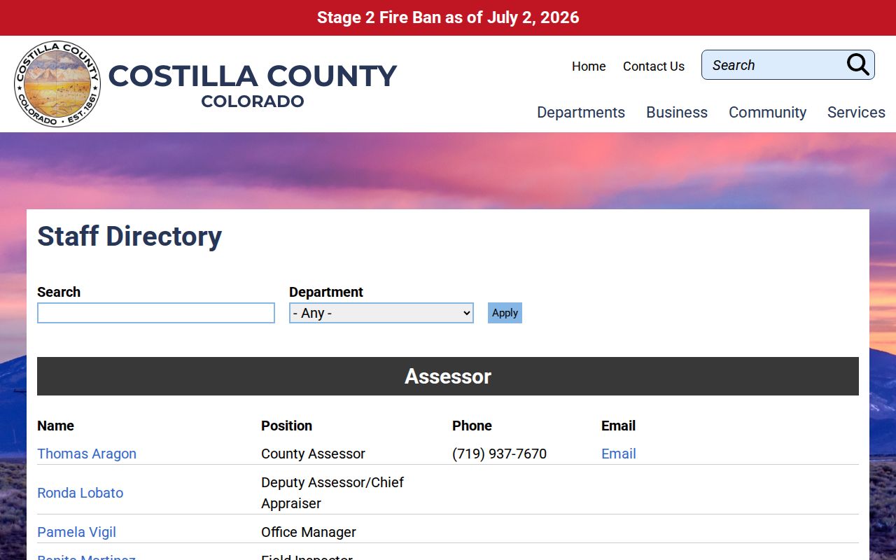 Costilla County officials directory used to route Blanca record requests