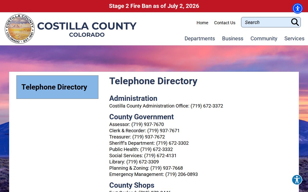 Costilla County telephone directory for routing Blanca criminal record questions