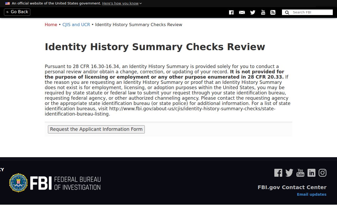 Costilla County criminal history FBI identity summary