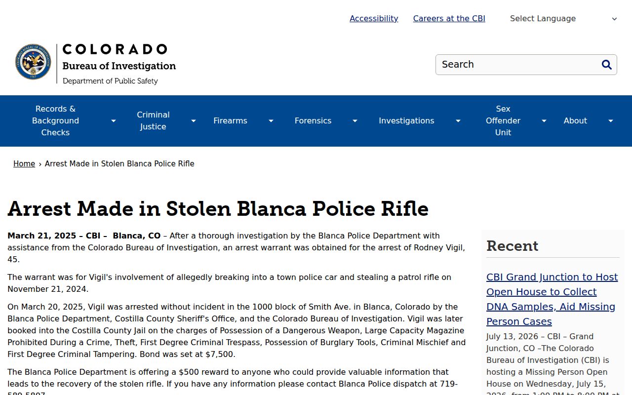 Costilla County arrest record multi-agency chain