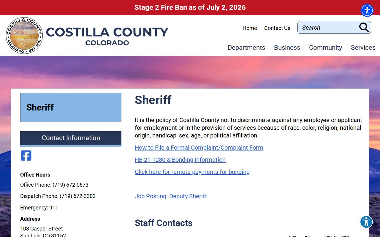 Costilla County arrest records at sheriff office