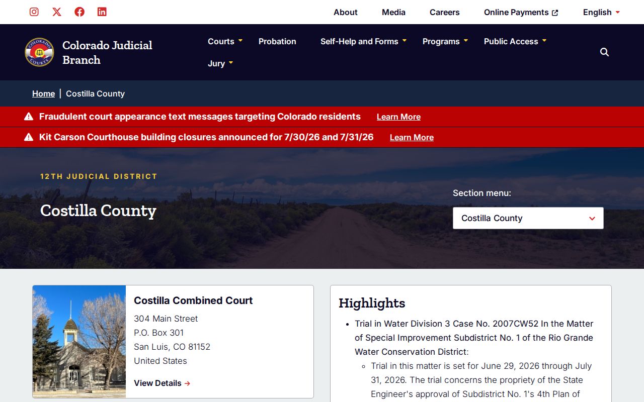 Costilla County court case lookup at Combined Court