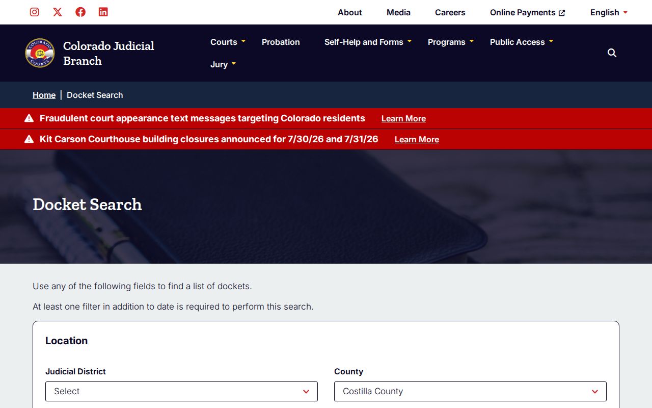 Costilla County criminal court docket search fields
