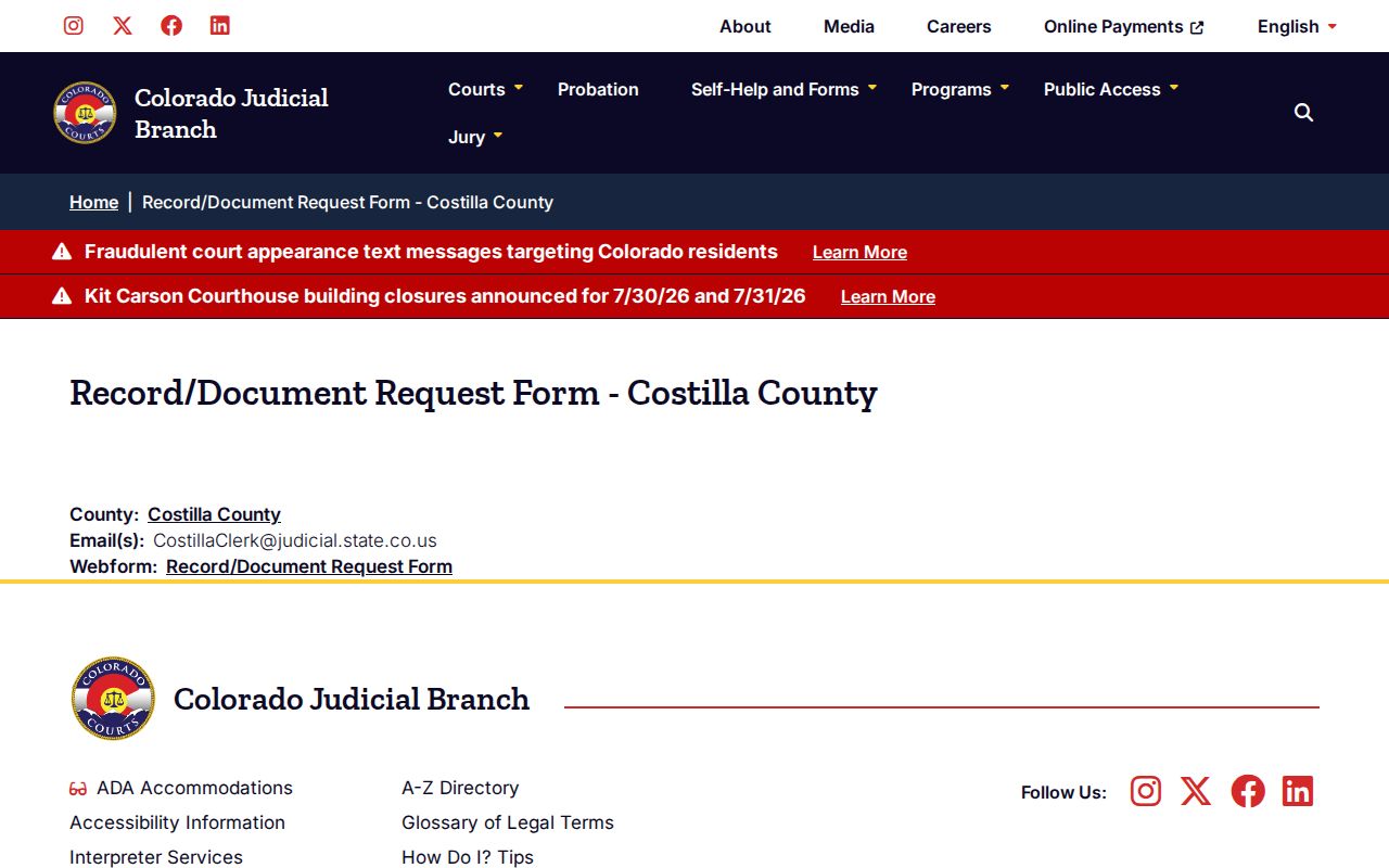 Costilla County court record request routing