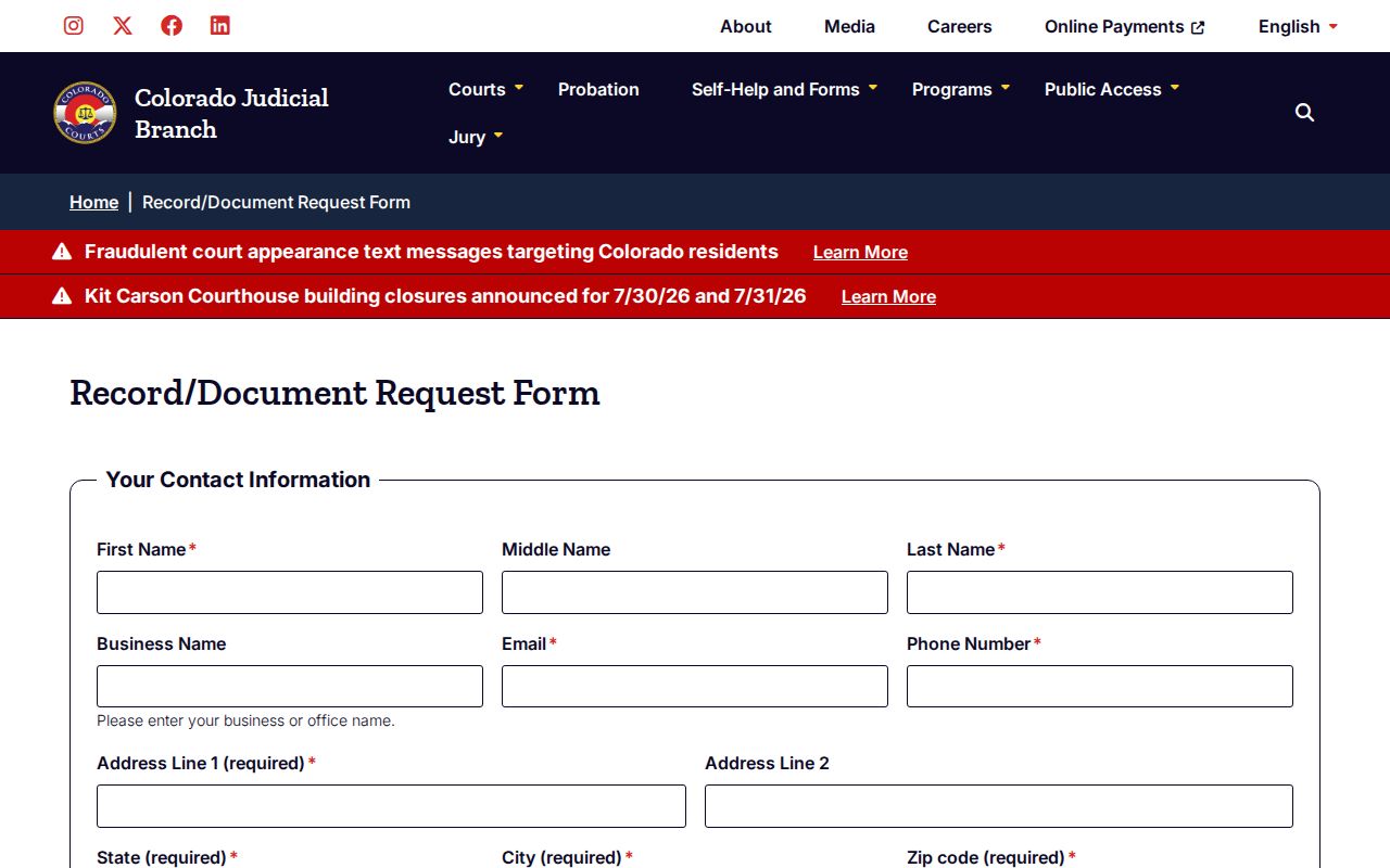 Costilla County criminal court document request form