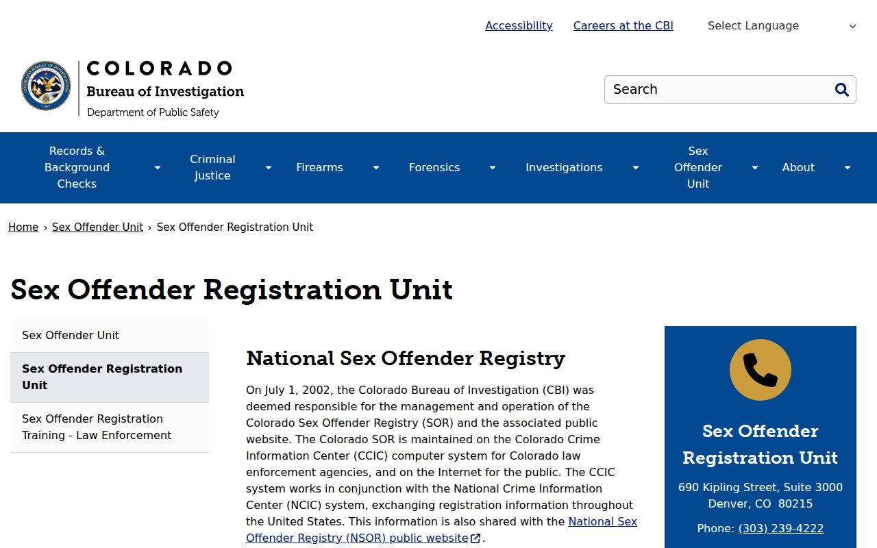Colorado Bureau of Investigation Sex Offender Registration Unit information