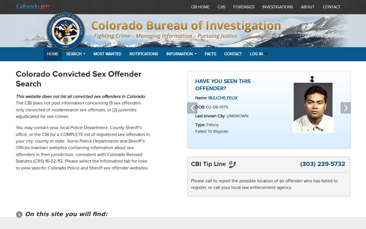 Colorado Sex Offender Registry search and user agreement screen