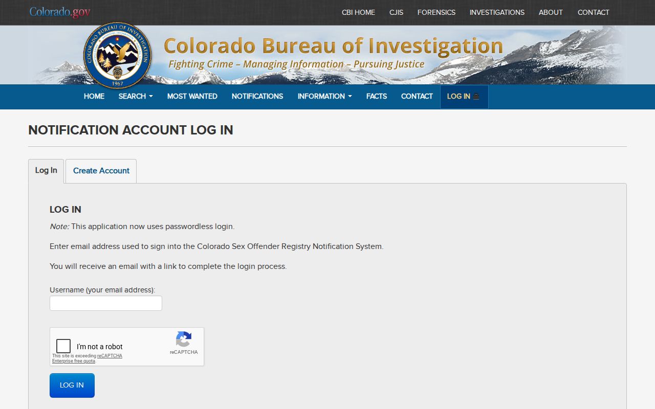 Colorado Sex Offender Registry notification account login screen